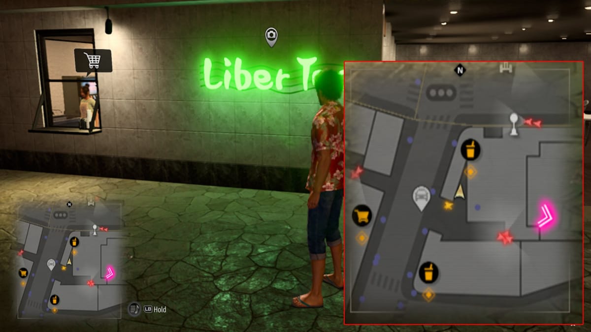like a dragon infinite wealth screenshot with a map reference and a green glowing neon sign near an ordering window