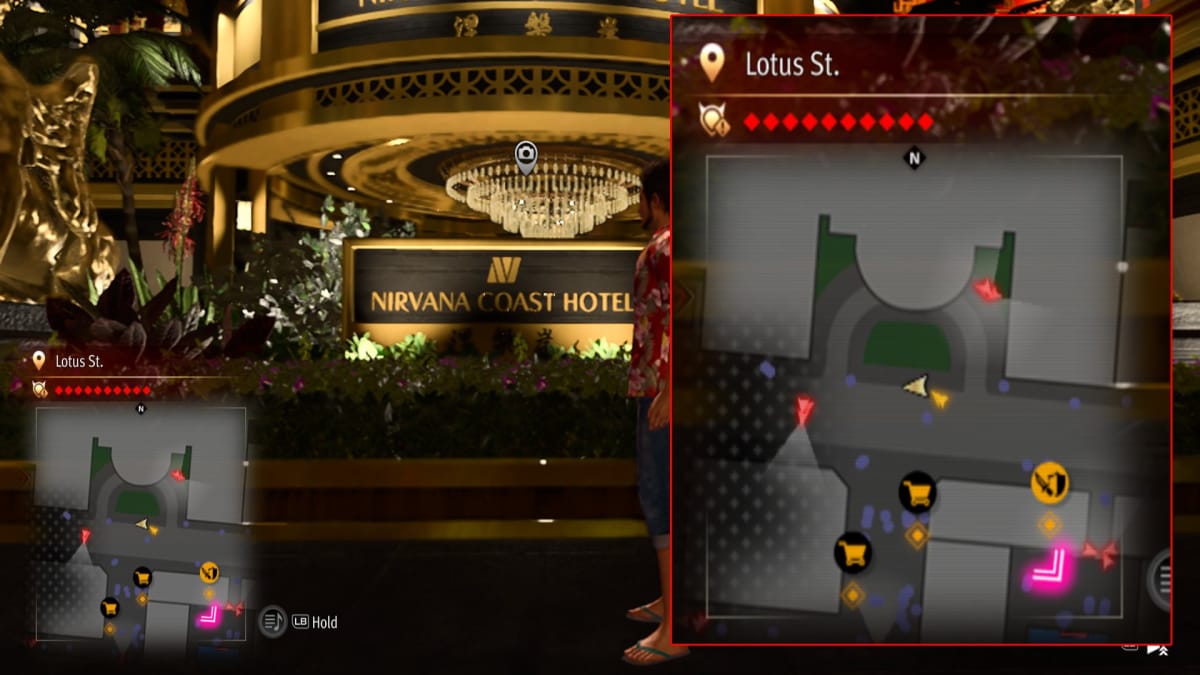 like a dragon screenshot with a map reference and a huge golden clad hotel sign