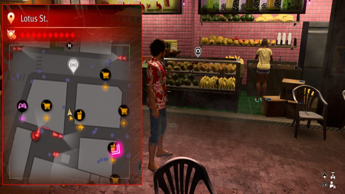 like a dragon screenshot with a map reference and a pink smoothe store with a fruit display out front