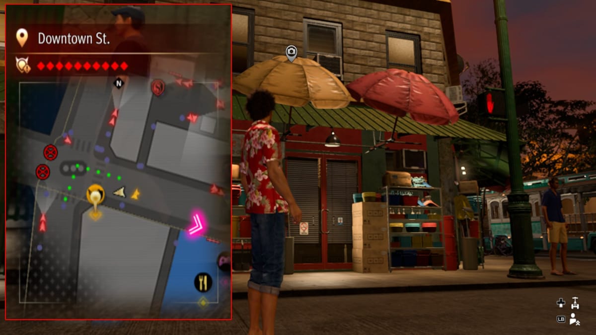 like a dragon screenshot with a map reference and three umbrellas of different colors above a closed store