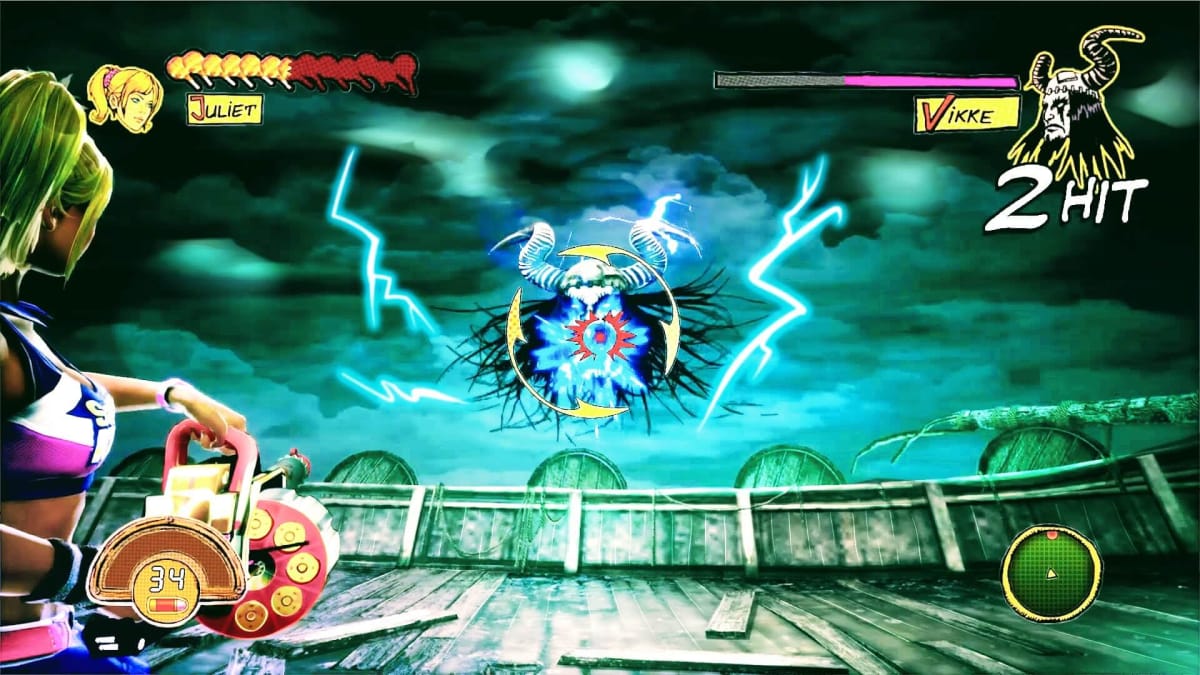 Juliet aiming a weapon at the Vikke boss in Lollipop Chainsaw RePOP