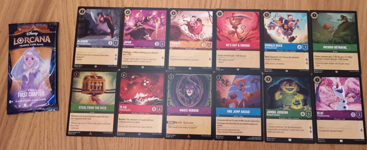 The 12 Disney Lorcana Cards in our First Chapter Booster Pack 21.