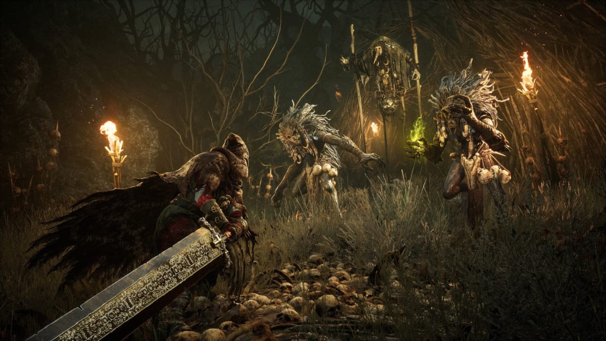 The player wielding a massive greatsword and fighting two horrors in a swamp in Lords of the Fallen