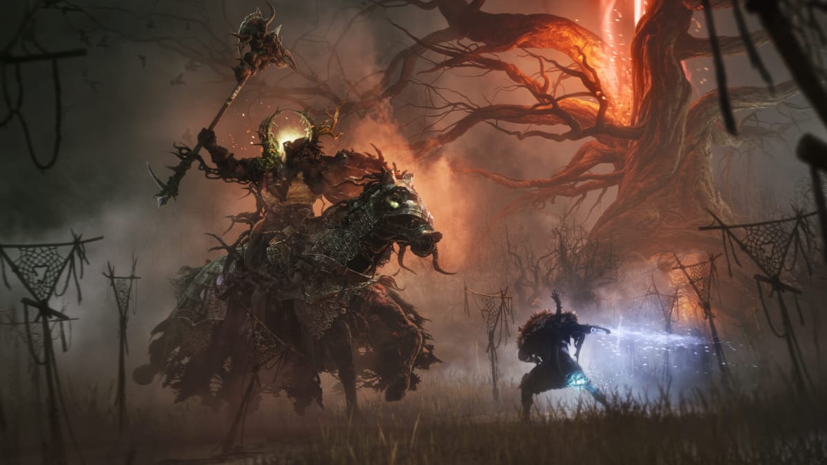The player fighting a massive knight boss on horseback in Lords of the Fallen