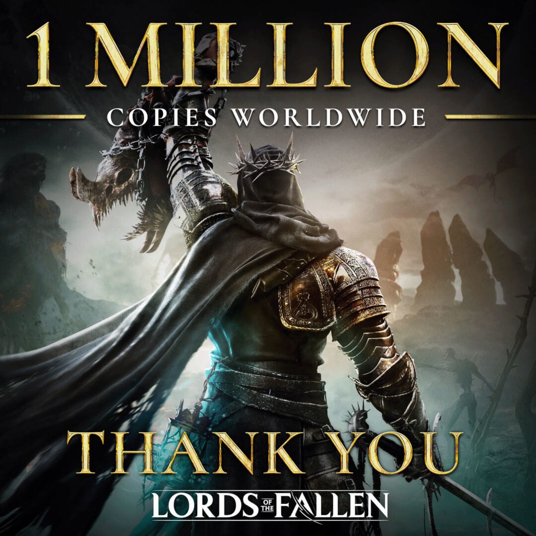 Artwork showing the player character holding a skull aloft in Lords of the Fallen, accompanied by text showing the million sales achievement
