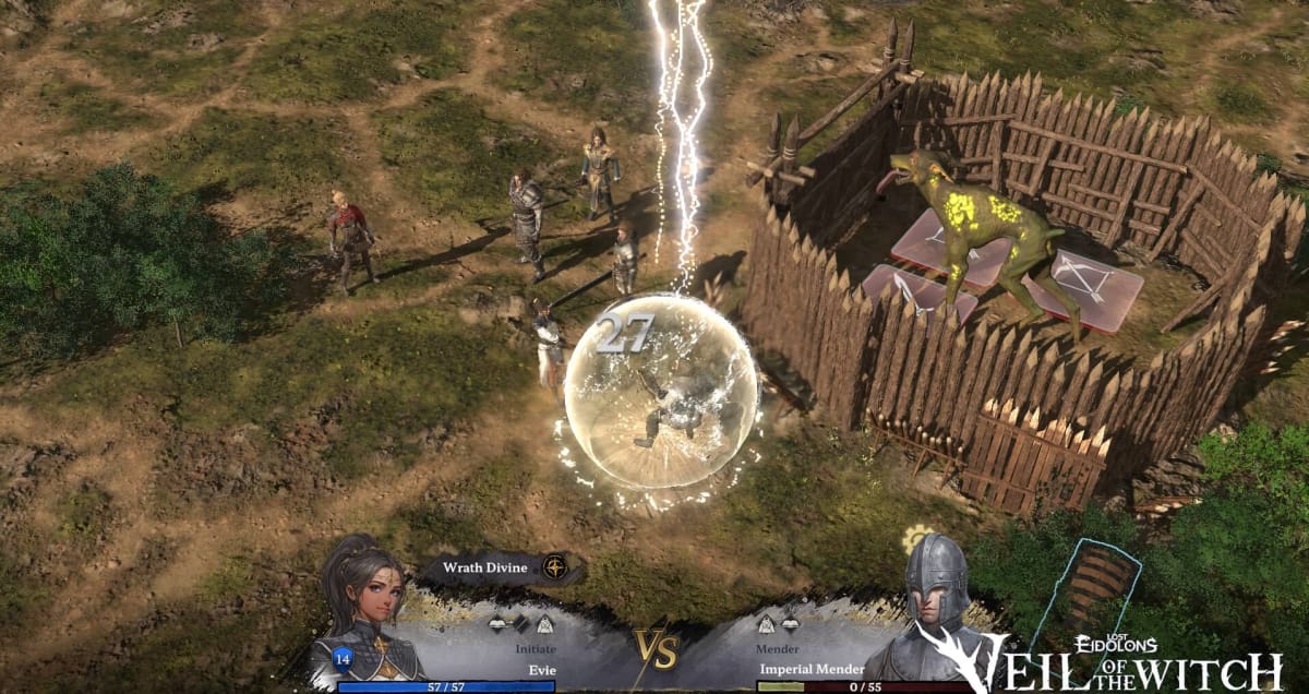 A screenshot of Lost Eidolons: Veil of the Witch showcasing combat with spells.