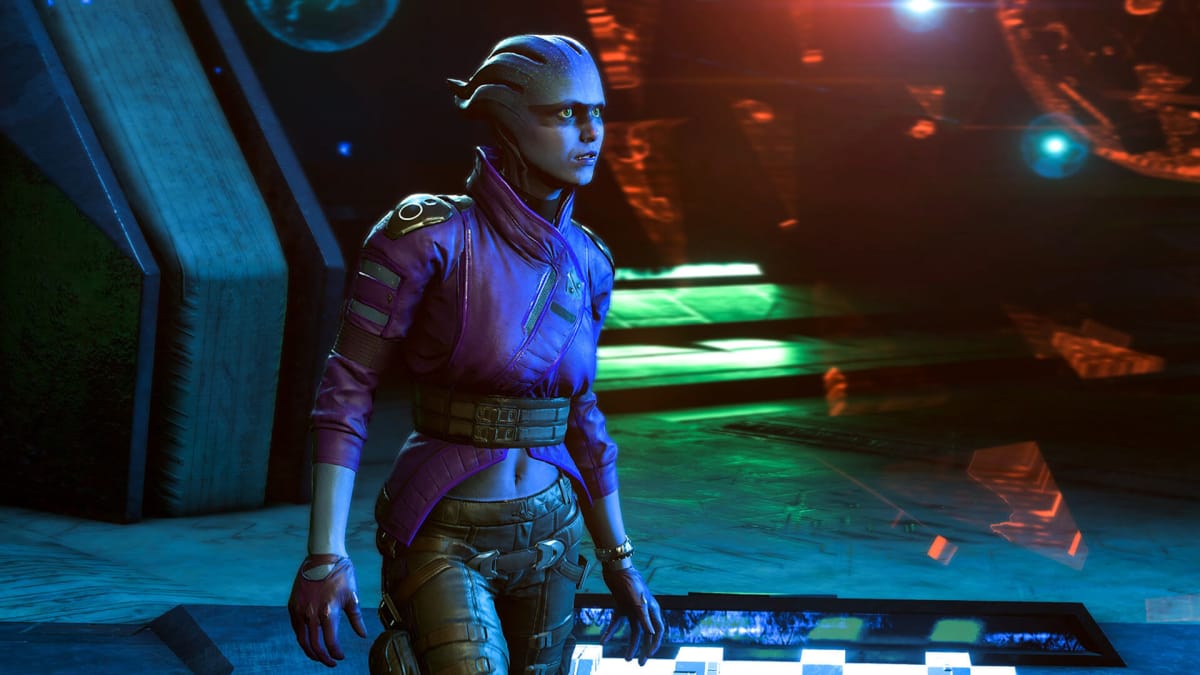 An asari character looking incredulous in Mass Effect: Andromeda, a game on which Mac Walters worked