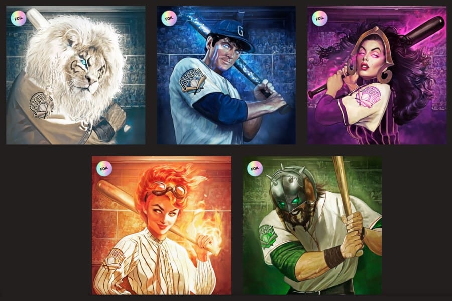 Close up artwork of Planeswalkers portrayed as Baseball players from the Magic Secret Lair Fall Superdrop 2023.