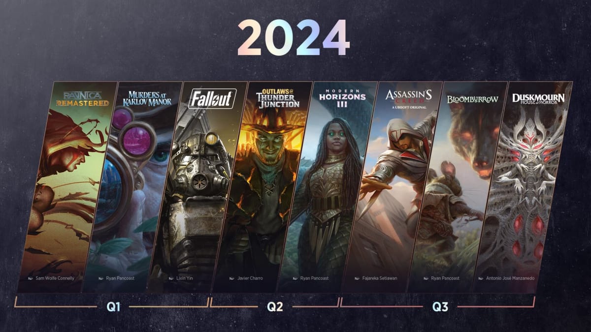 roadmap image with diagonal crosses showing Ravnica Remastered, Murders at Karlov Manner, Fallout, Outlaws of Thunder Junction, Modern Horizons 3, Assassin's Creed, Bloomburrow, Duskmourn House of Horror