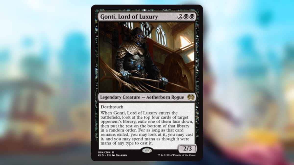 magic the gathering card in black with a blue skinned man clad in strange and intricate dark armor 