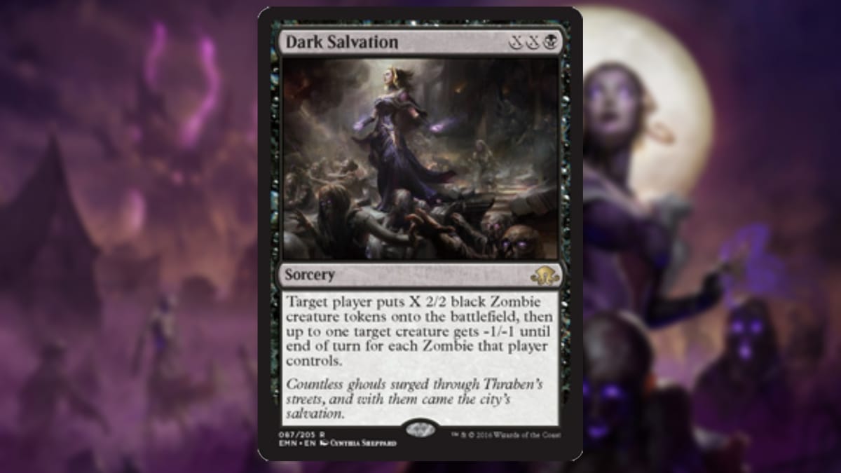 magic the gathering card in black with art depicting a pale sorceress standing with glowing hands above a sea of undead humanoids