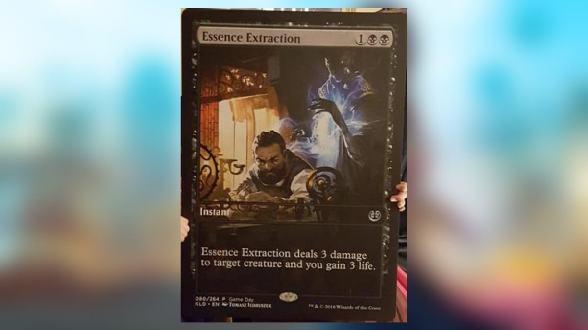 magic the gathering card in black with art of a beared man bending over a desk with a shadowy figure extracting a glowing blue aura from his back behind him