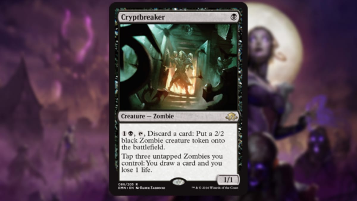 magic the gathering card in black with art of an undead humanoid figure standing by a door that it has apparently just pushed open with force