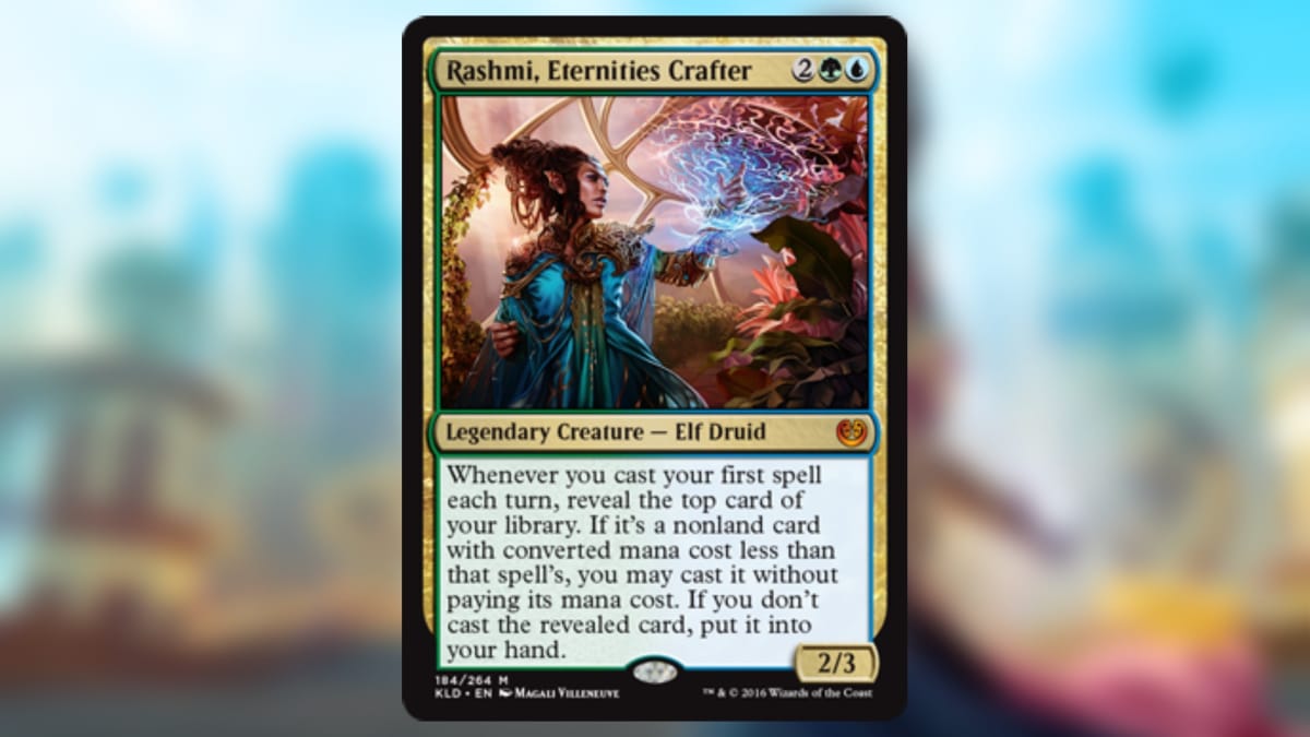 magic the gathering card in blue and green with a gold border featuring art of an elf in a garden casting a spell on a plant