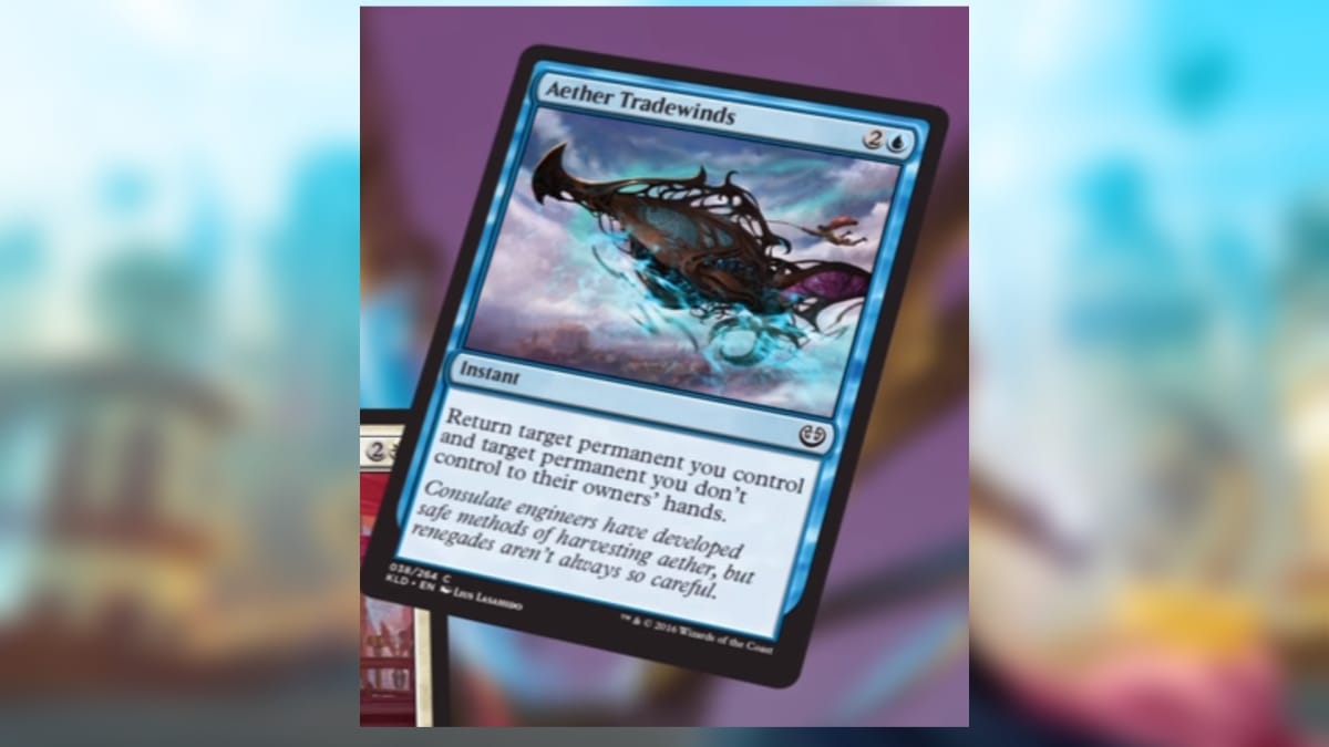 magic the gathering card in blue featuring a dark vehicle falling apart in the sky