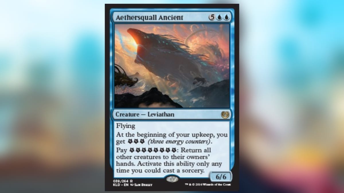 magic the gathering card in blue with art depicing a huge whale like creature bursting from the clouds