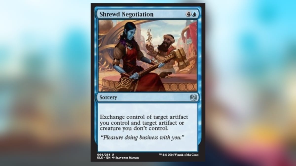 magic the gathering card in blue with art depicting a blue skinned mage holding an exotic item
