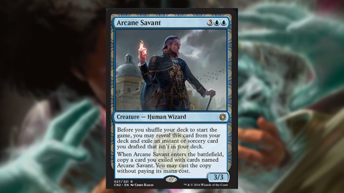 magic the gathering card in blue with art depicting a hauty looing wizard