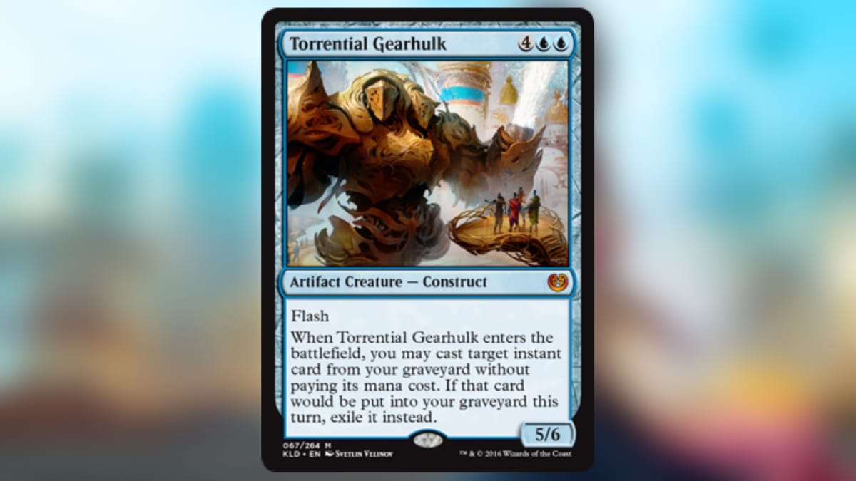 magic the gathering card in blue with art depicting various giant metal contrsucts towering over regular people
