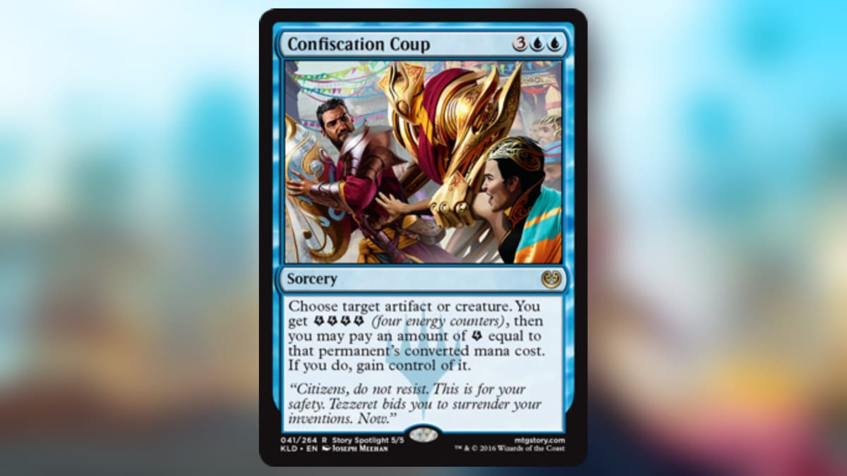 magic the gathering card in blue with art of a bronze construct stepping in to prevent a figure from grappling an important looking person
