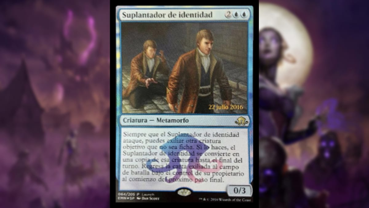 magic the gathering card in blue with art of a faceless man crouching behind his almost exact duplicate