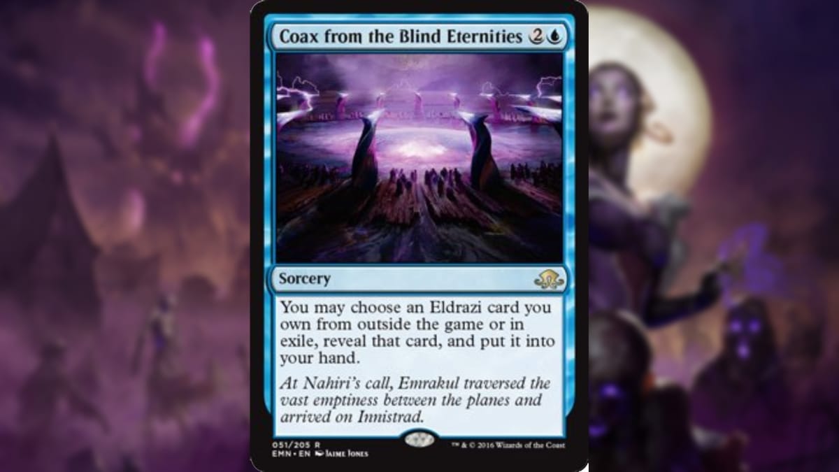 magic the gathering card in blue with art of a huge gathering of beings around some sort of monument of standing stones