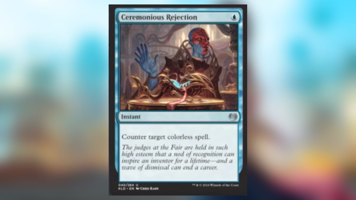 magic the gathering card in blue with art of a red and blue skinned person waving their hand over a machine