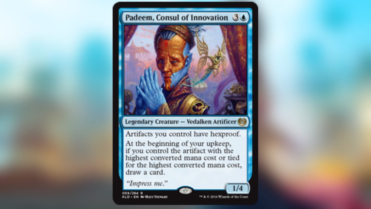 magic the gathering card in blue with art of a wrinkled blue and red skinned creature with six fingers