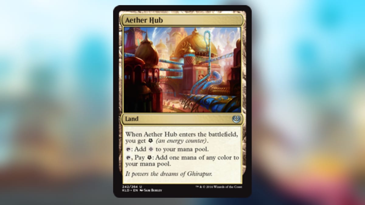magic the gathering card in gold with art depicting a strange building with various blue glowing pipes seeming to lead into the building