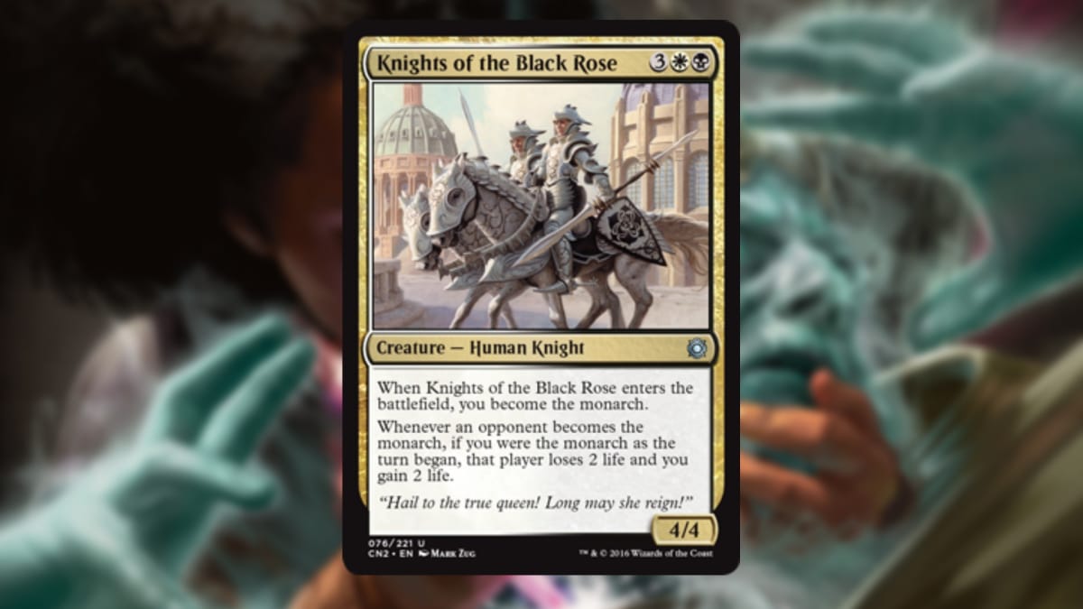magic the gathering card in gold with art depicting two heavily armored knightson horses glaring at the viewer
