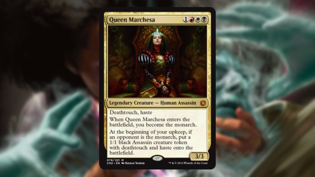magic the gathering card in gold with art of a royal seeming woman sitting regally on a throne
