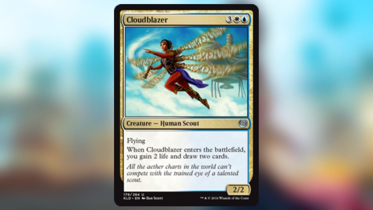 magic the gathering card in gold with art of a three winged figure holding what looks like a telescope as they point off into the distance