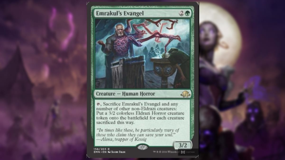 magic the gathering card in green featuring art of an old man standing at a pulpit with half of his body taken over by otherworldy thing limb with too many joints 