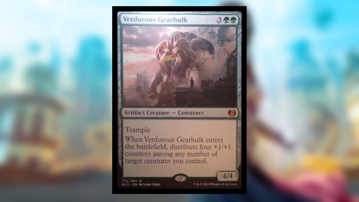 magic the gathering card in green with art depicting a giant machien made of brass and magic