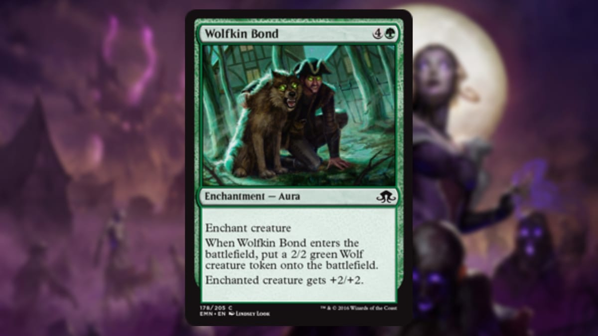 magic the gathering card in green with art depicting a man crouching by a wolf both having the same glowing green eyes