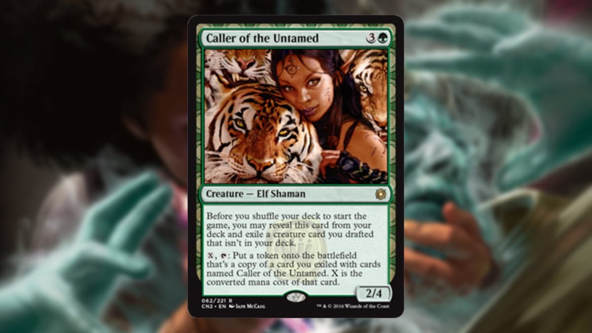 magic the gathering card in green with art depicting an elf leaning her head against the head of a peaceful looking tiger