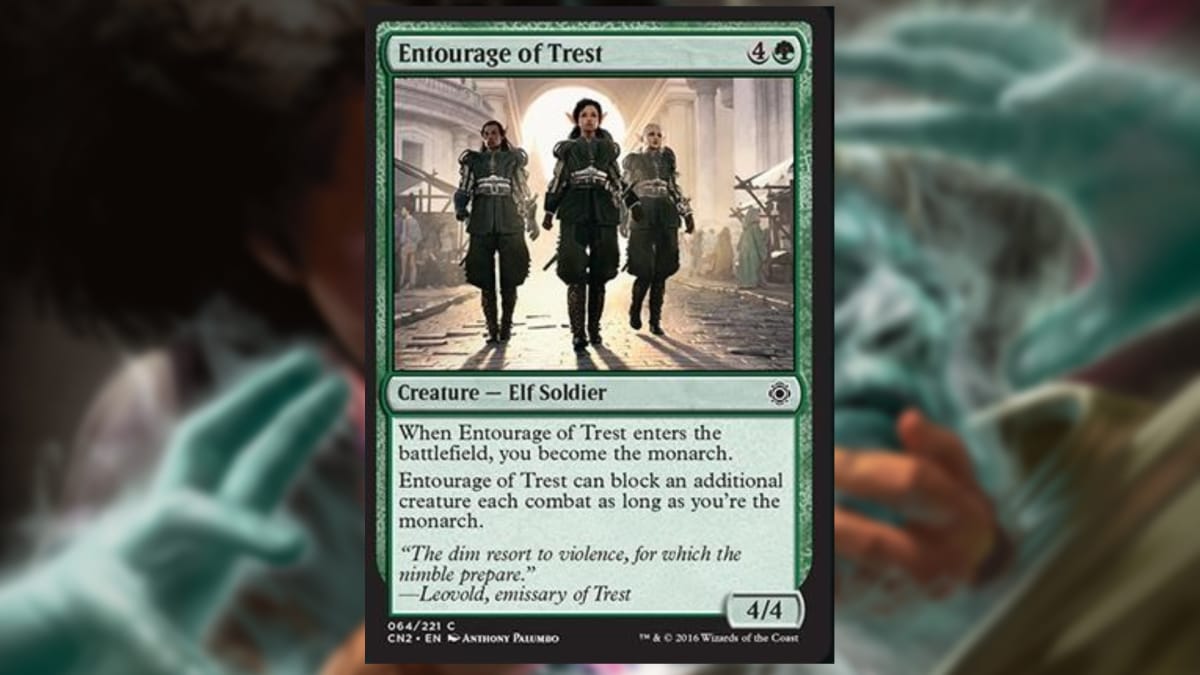 magic the gathering card in green with art depicting three elves wearing the same armor walking towards the viewer
