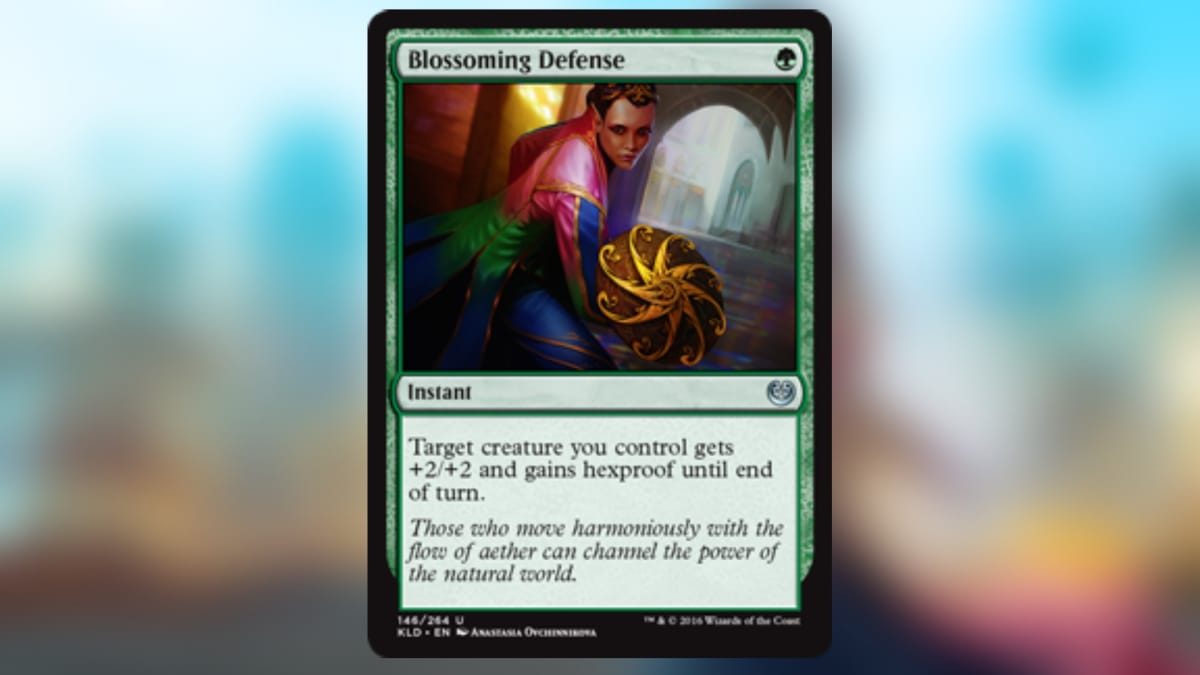 magic the gathering card in green with art featuring a figure clutching a strange golden and wooden shield