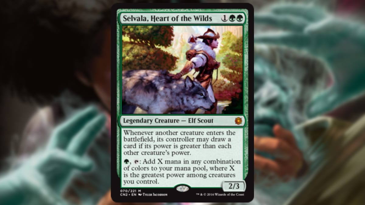 magic the gathering card in green with art featuring an elf dressed in animal furs with her hand resting on a nearby wolf