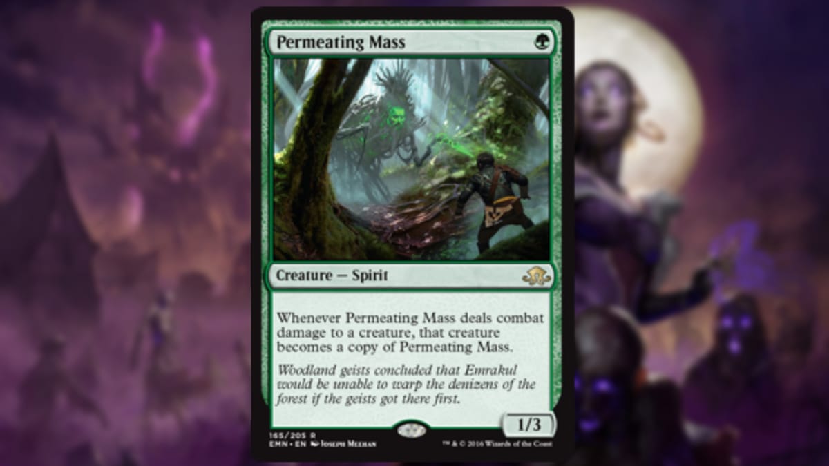 magic the gathering card in green with art of a giant forest spirit constructed of roots and animal parts as it faces down a humanoid figure in its path