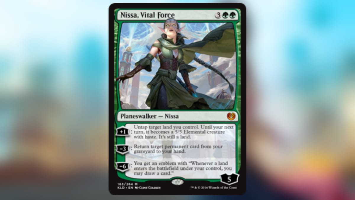 magic the gathering card in green with art of an elf wearing green robes and leather armor with blue marks over her face