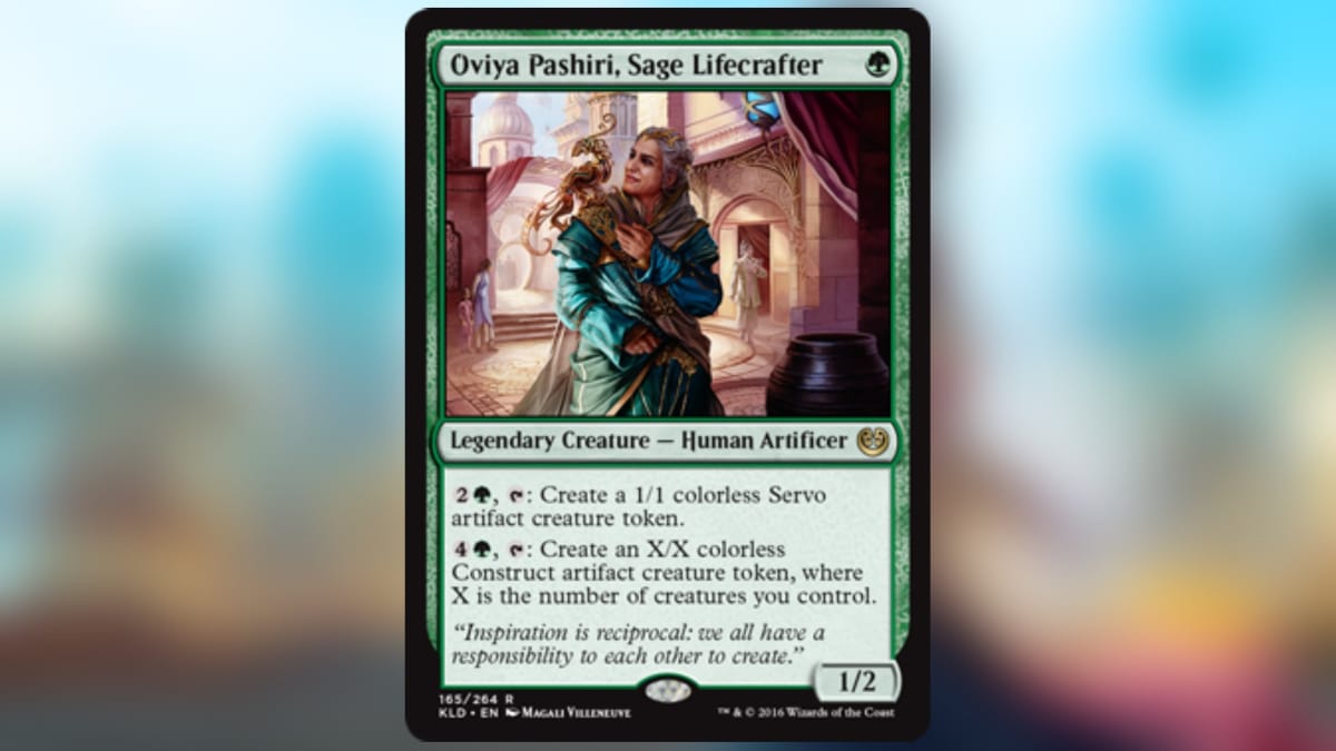 magic the gathering card in green with art of an older woman carrying a small creature on her shoulder