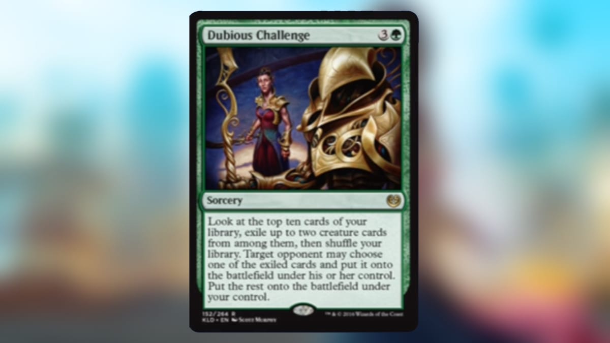 magic the gathering card in green with art showing a worried looking elf staring at the face of a brass construct that towers over her