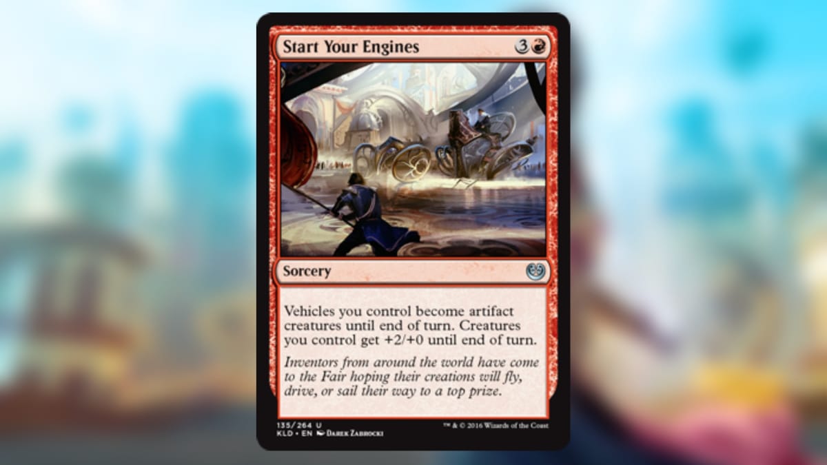 magic the gathering card in red featuring art of the start of a race with a man about to swing down a flag