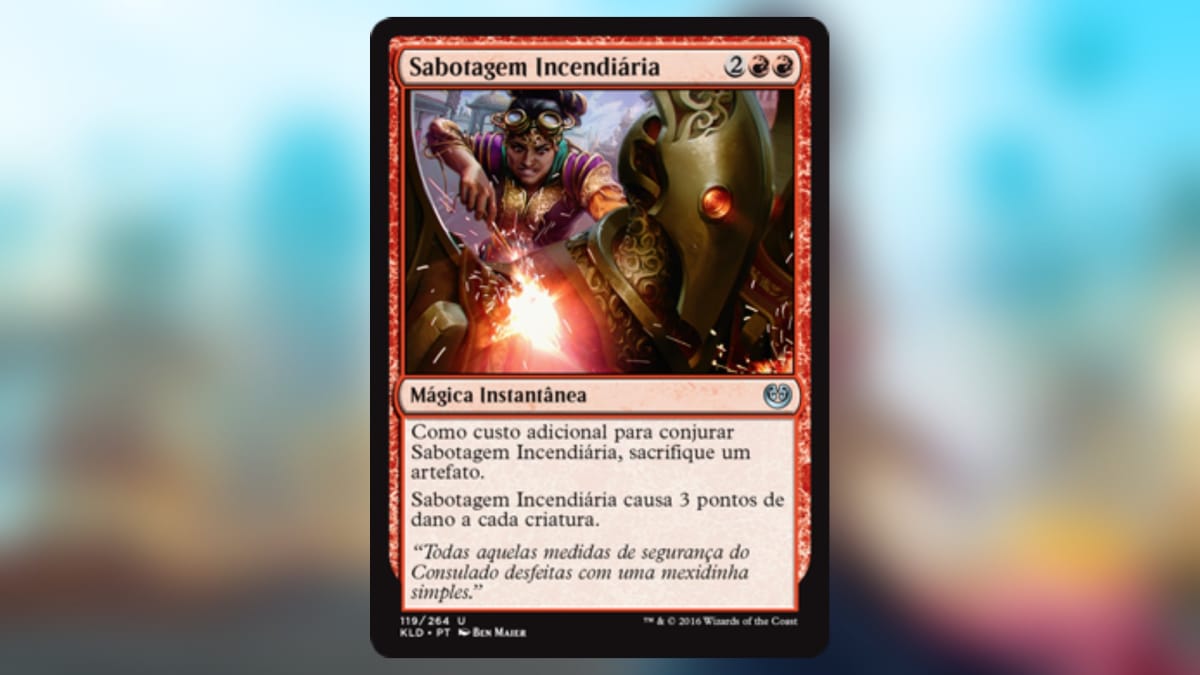 magic the gathering card in red with art depicting someone causing an inflammitory malfunction in a brass machine