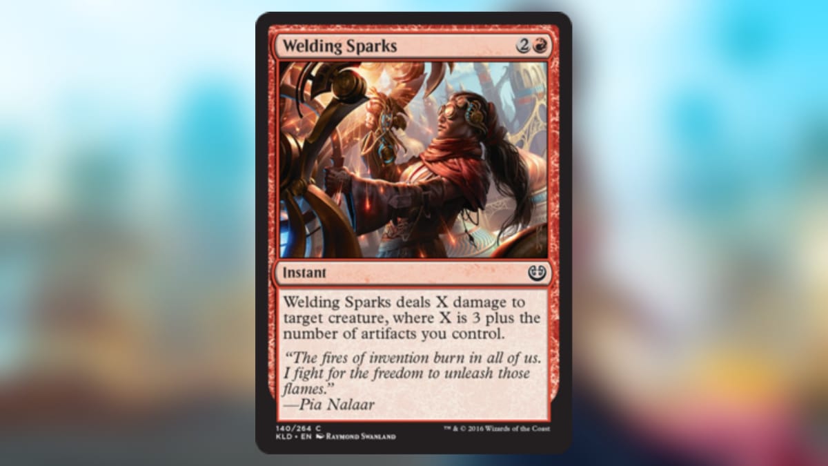 magic the gathering card in red with art of a figure wearing goggles as they weld something nearby, causing sparkes to fly everywhere