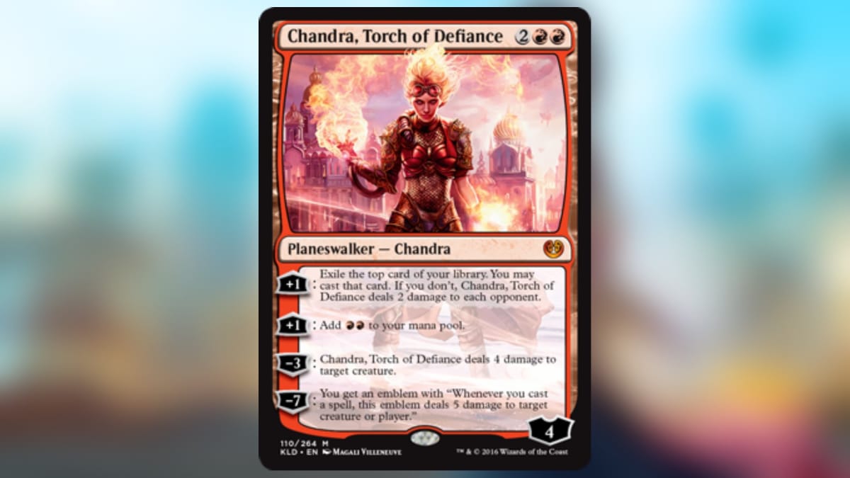 magic the gathering card in red with art of a flame weilding red armor wearing mage with a huge eastern inspired city behind her