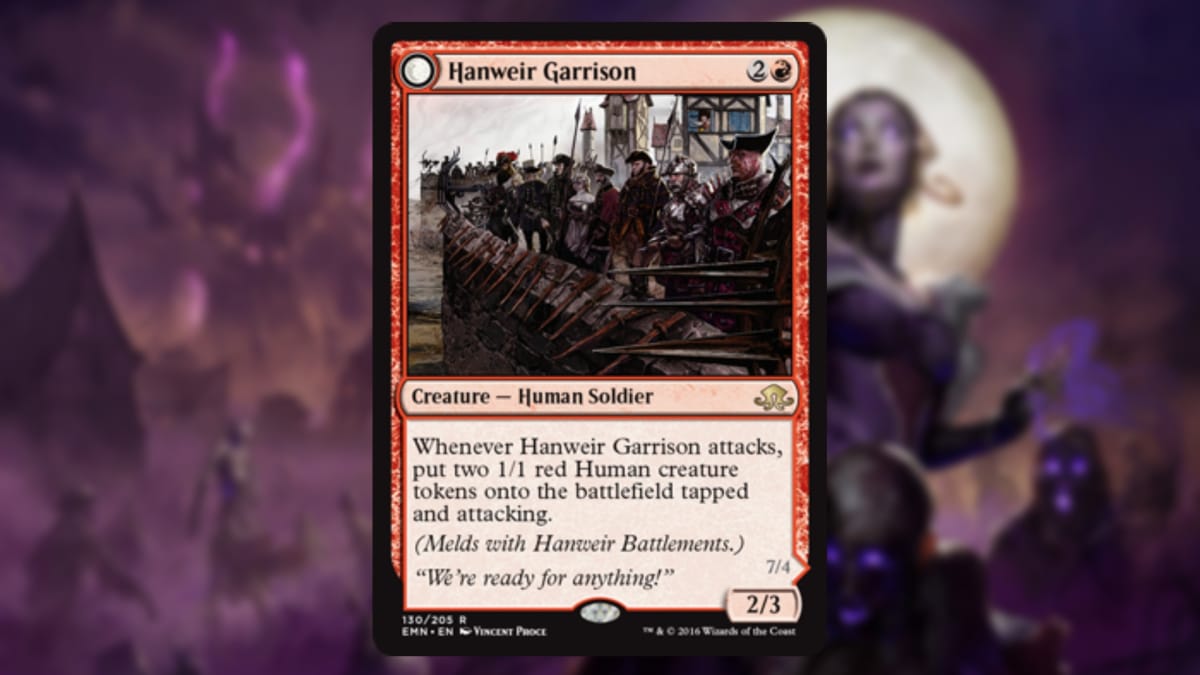 magic the gathering card in red with art of a garrison of soldiers with flintlock rifles standing over a battlement with their guns lowered