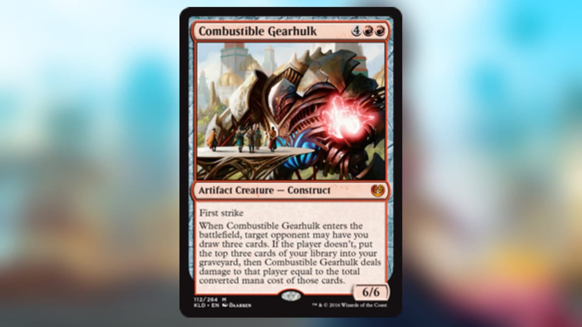 magic the gathering card in red with art of a giant brass and glowing blue construct that has several people stood nearby inspecting it