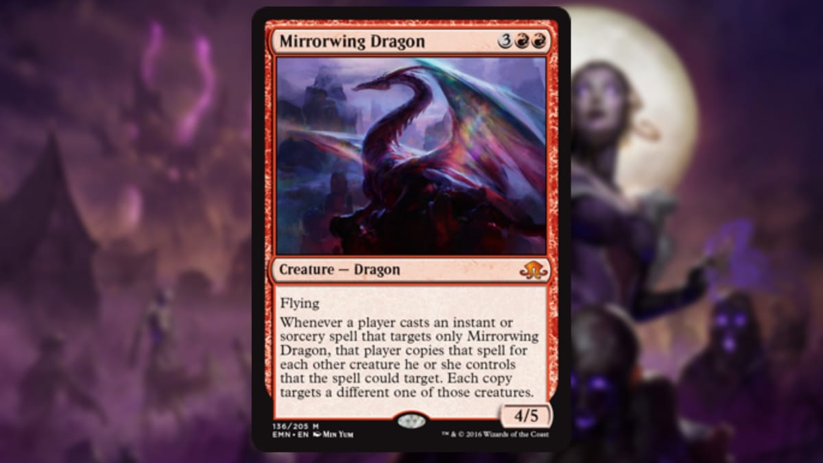 magic the gathering card in red with art of a huge dragon almost in silhouette but with wings that appear to be made of a reflective material